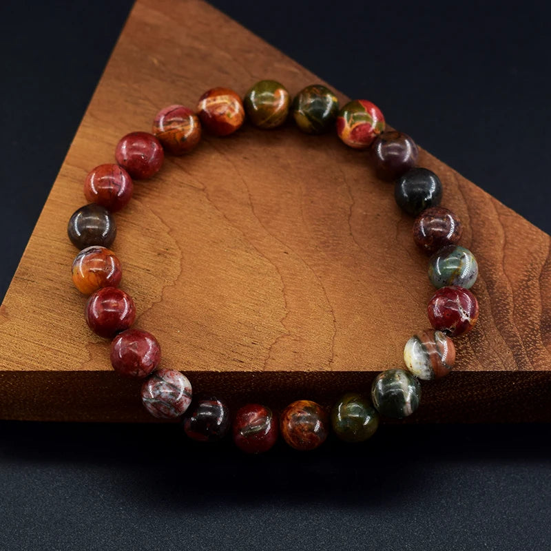 ✨ Natural Red Picasso Jasper Stone Beads Elastic Bracelet – Unisex Healing Crystal Jewelry with Round Red Pine Beads – Elegant Jade Bangle Gift