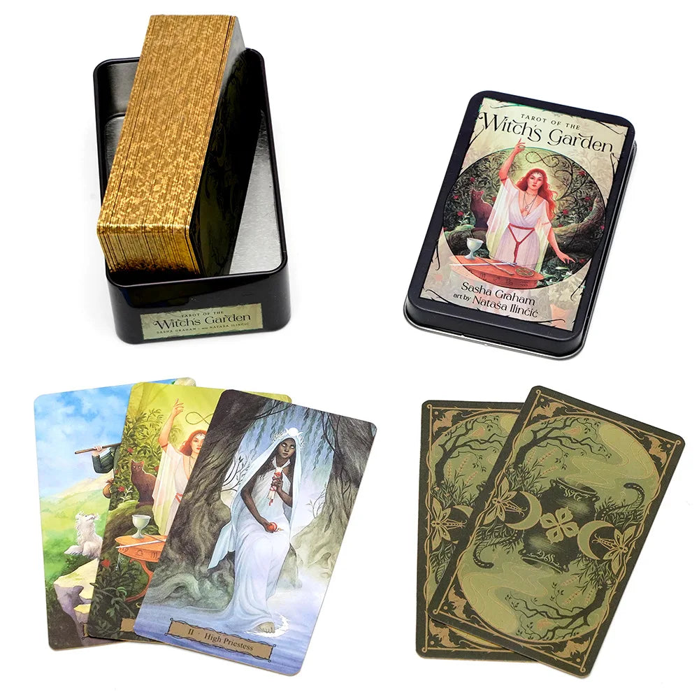 🃏 Tarot of the Witch's Garden – 78 Card Deck in Tin Metal Box with Gold-plated Edges, English Version Tarot Cards for Divination