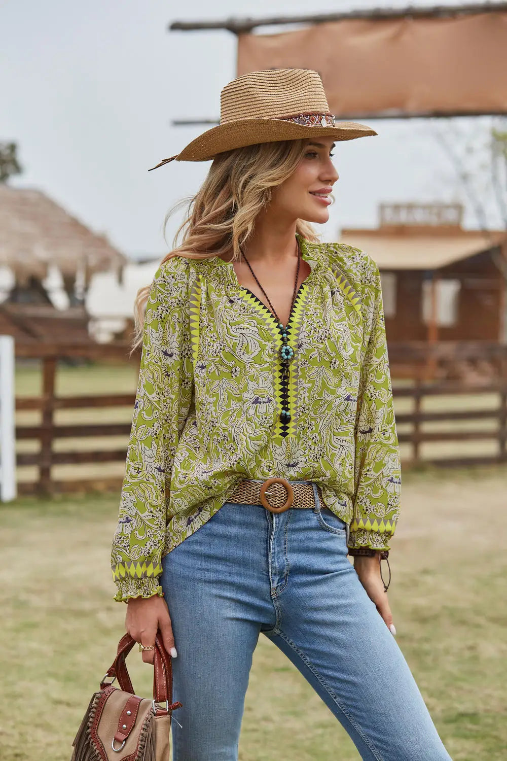 👚 Women’s Bohemian Print Long Sleeve Tunic Blouse – Tie Neck, Flounce Sleeves, Navy Blue