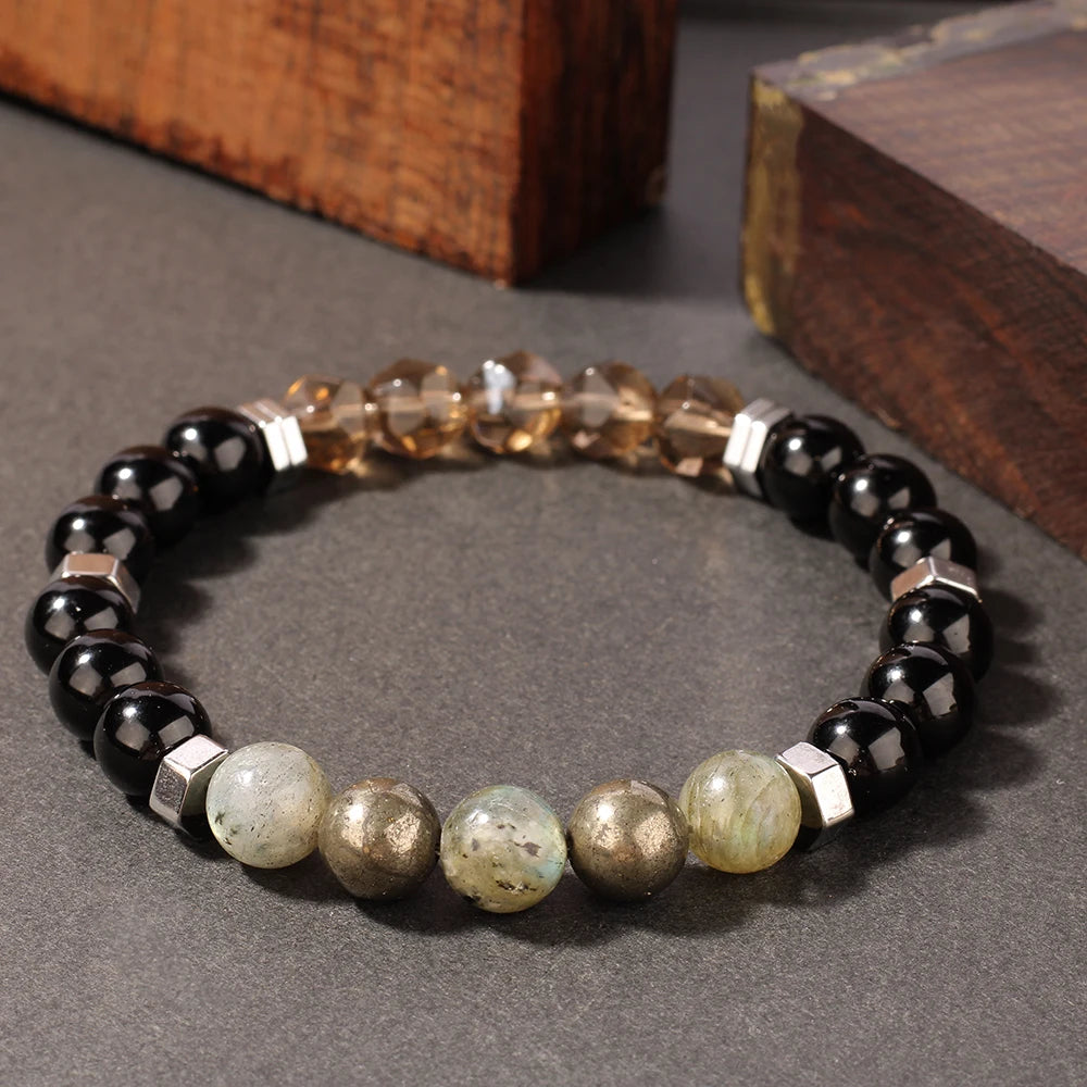 ✨ Gray Moonstone & Iron Ore Natural Stone Bead Bracelet – Unisex Healing and Protection Jewelry – Powerful Energy Bangle for Women & Men