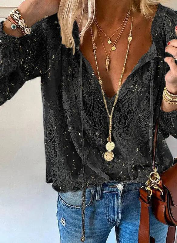 2025 Women's Boho Lace Blouse - Elegant Deep V Neck Pullover Top for Spring Summer Casual Wear black