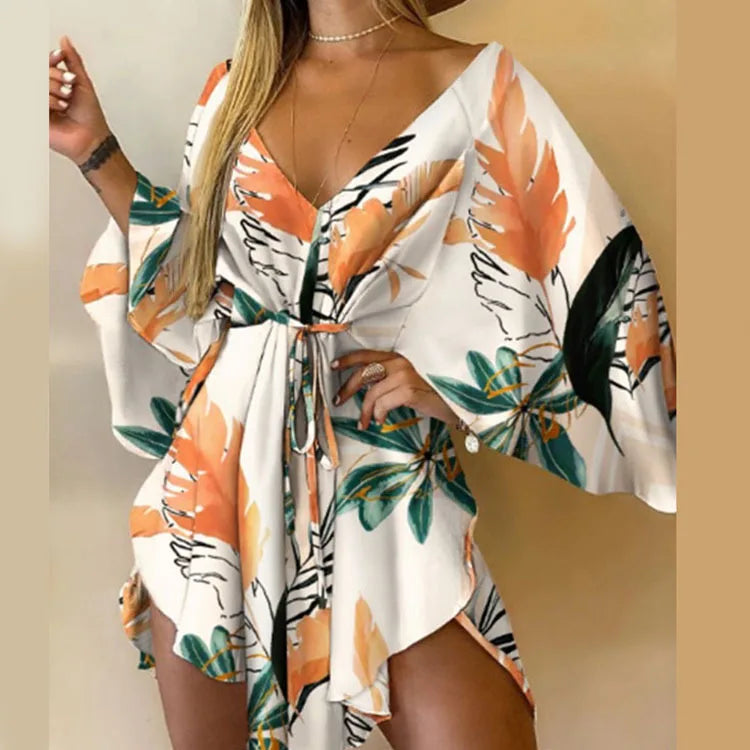 Women Print Dress Sexy V-Neck Bat Sleeve Ruffl Flowers Print Bohemian Beach Sundress Ladies Loose Summer Vacation Mini Dresses Orange