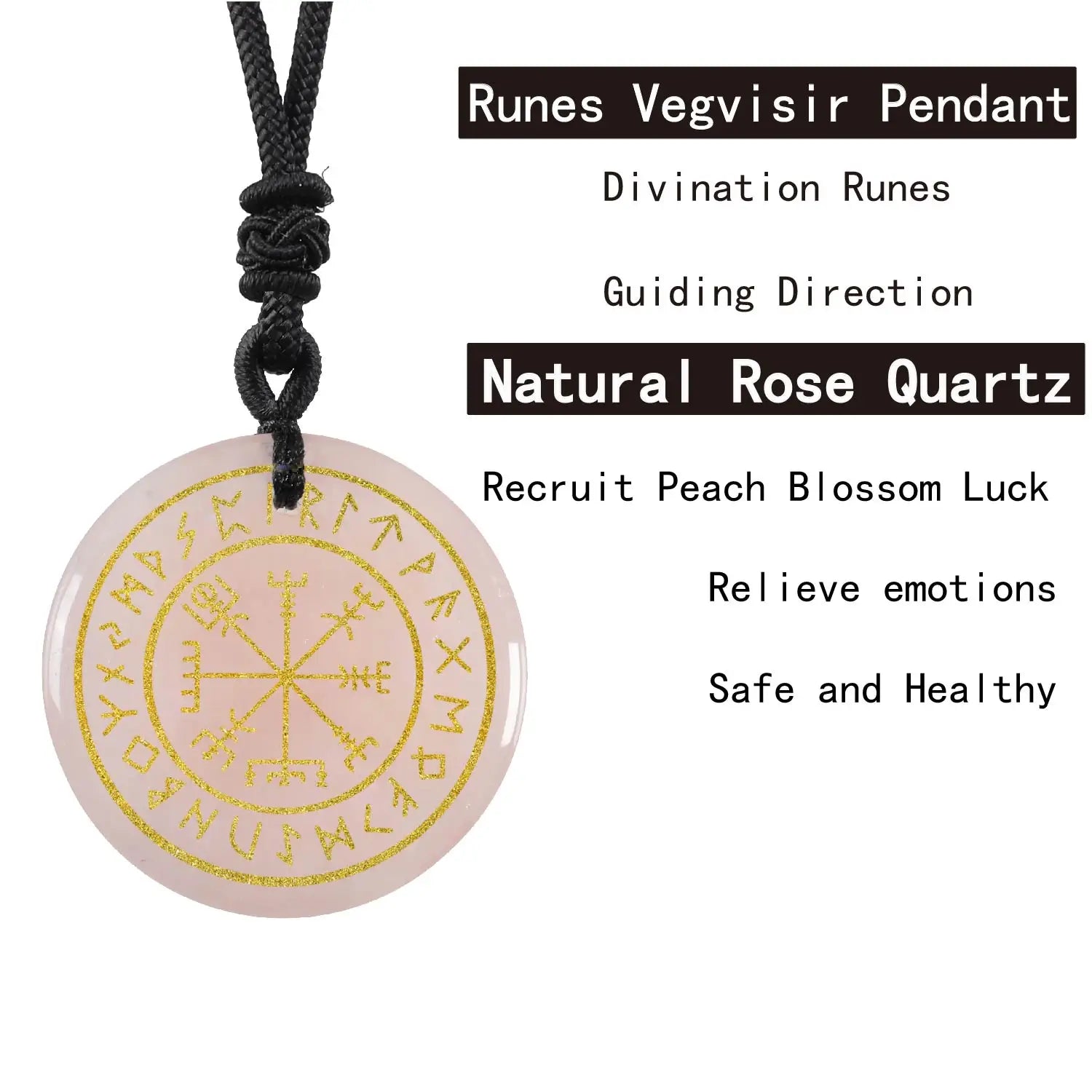 🧭 Natural Crystal Viking Compass Energy Pendant Necklace – Guardian Symbol | Fashion Jewelry for Men & Women Rose Quartz