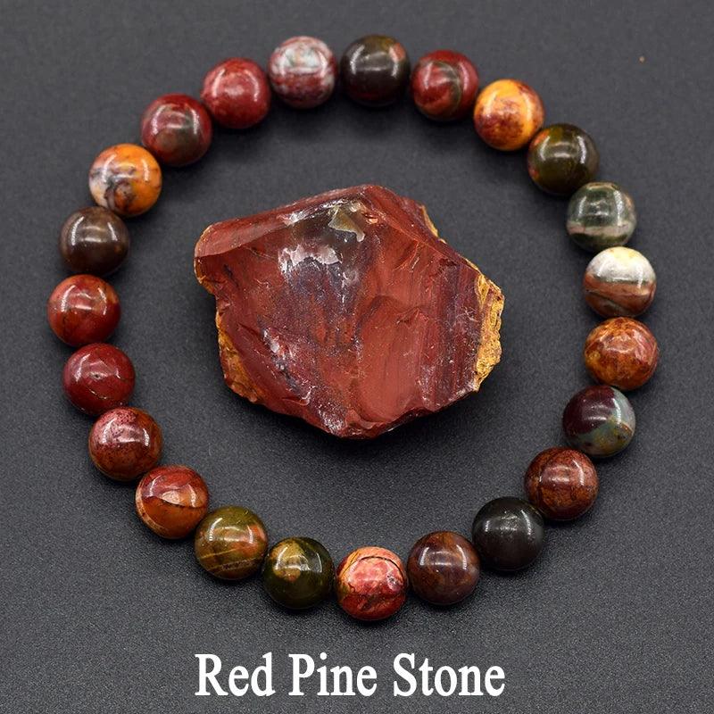 ✨ Natural Red Picasso Jasper Stone Beads Elastic Bracelet – Unisex Healing Crystal Jewelry with Round Red Pine Beads – Elegant Jade Bangle Gift 16 Red Pine Stone