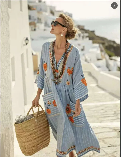 👗 Casual Retro Striped Print Holiday Dress – Boho Beach Style Long Dress with Flare Sleeves and V-Neck Button Design for Women Ivory