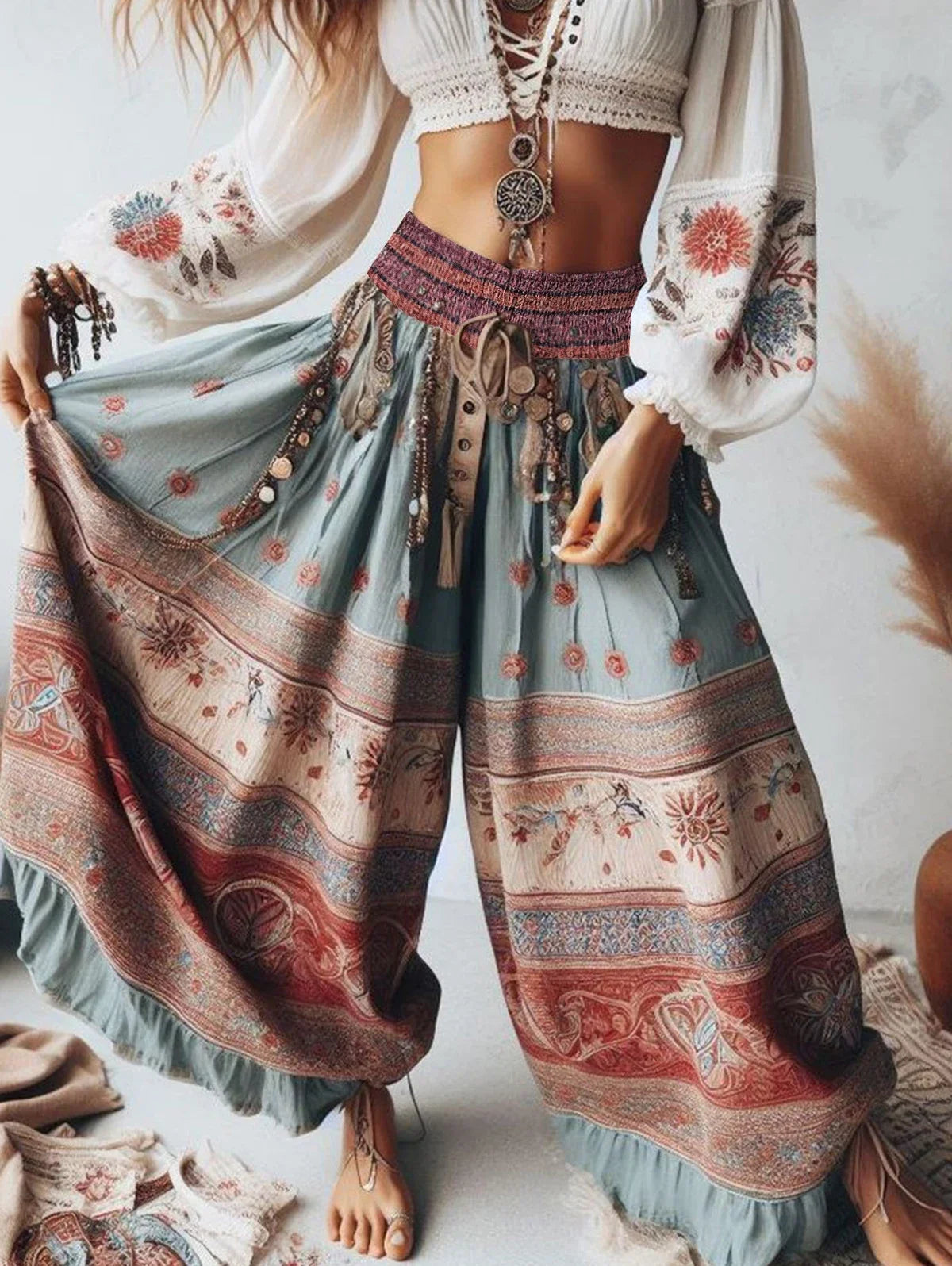 👖 Harajuku Women’s Boho Patchwork Trousers – High Waist Wide Leg Ruffle Pants with Ethnic Floral Print and Elastic Waist