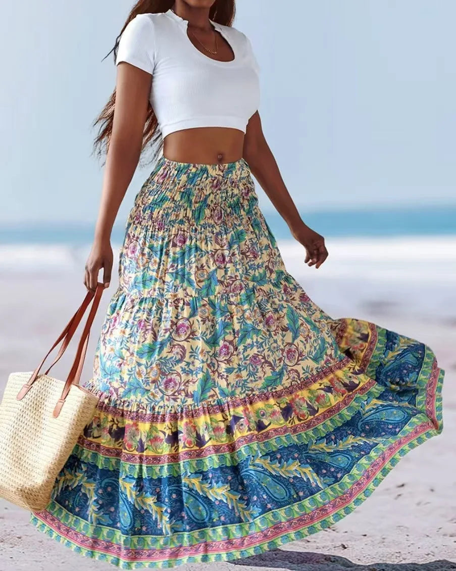 👗 Fashion Boho Printed Long Skirt – Casual Retro Vacation Style with Elastic Waist and A-line Big Hem for Women, Spring Summer New Yellow