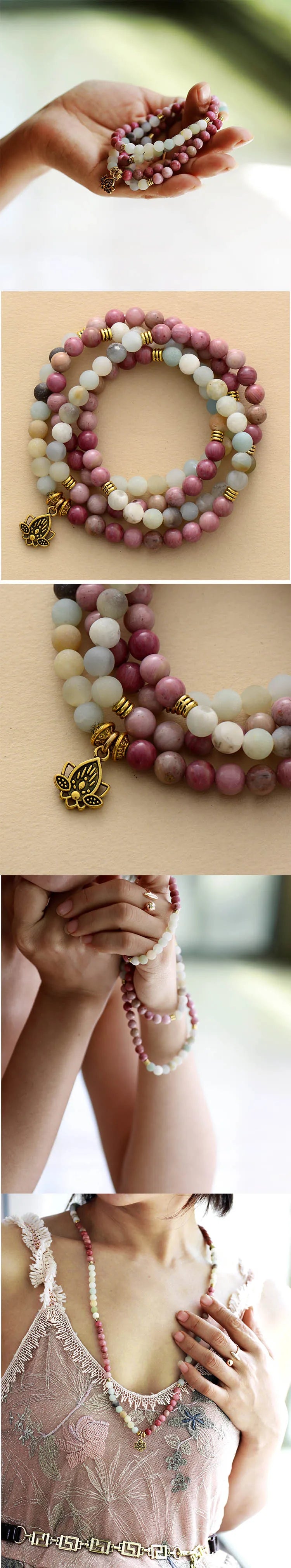 🕉️ 108 Bead "Soul Harmony" Mala Necklace: 6mm Natural Healing Stones with Lotus Charm – Elastic Yoga & Meditation Bracelet for Inner Peace