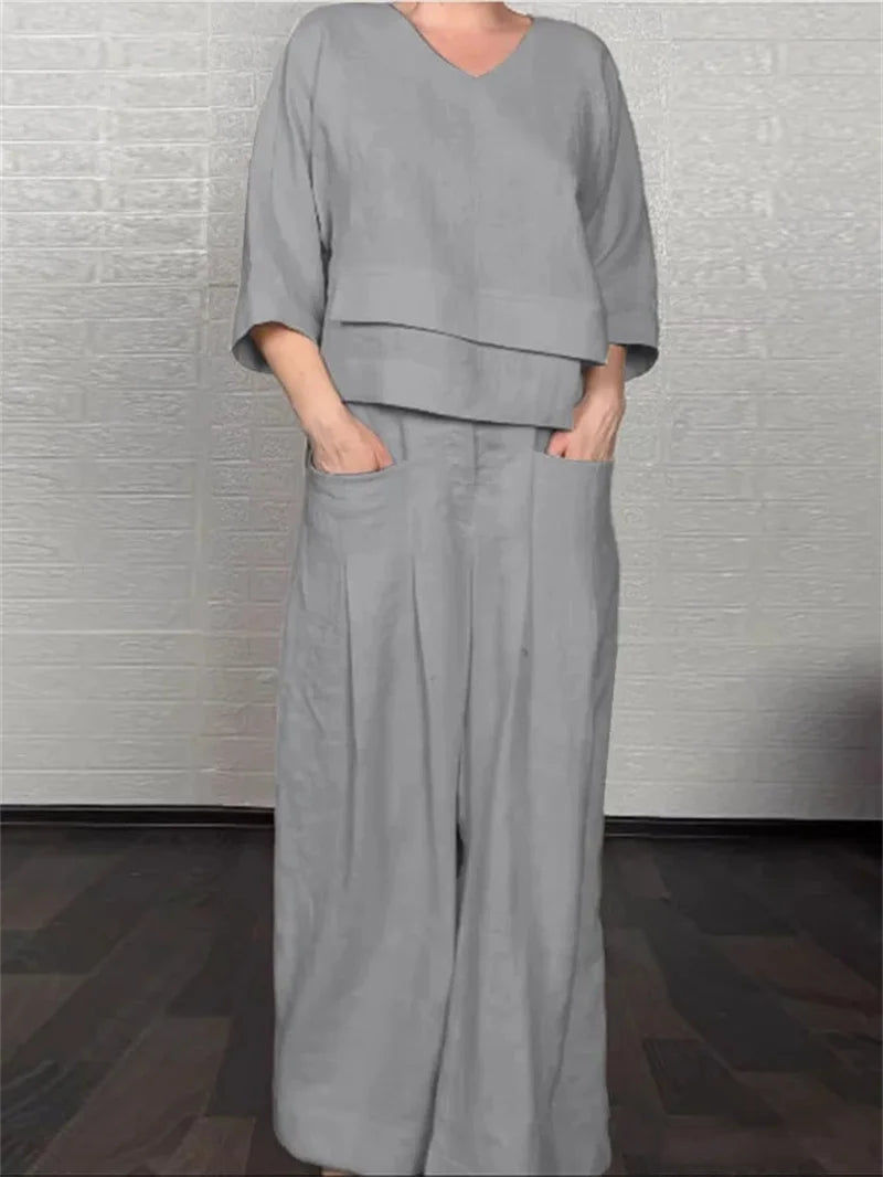 🌿 The Ethereal Asymmetry Set: Premium Women’s 2-Piece Cotton-Linen Ensemble – Avant-Garde Asymmetric Tunic, Three-Quarter Sleeve Comfort, High-Waist Wide-Leg Trousers, and Sophisticated Breathable Summer Lounge Set (S-3XL) grey