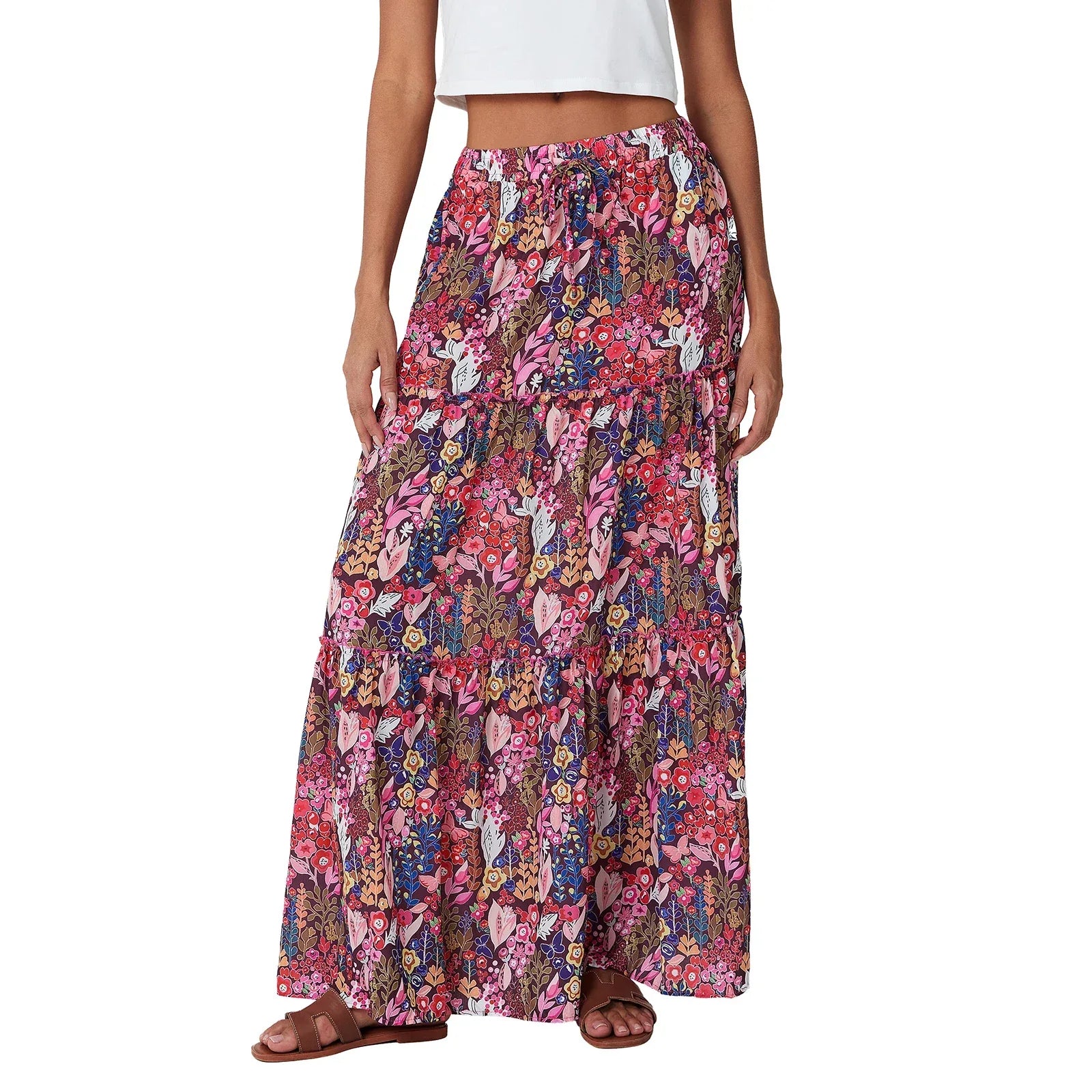 Women’s Bohemian High Waist Skirt A-Line Swing with Pockets - Drawstring Elastic Long Skirt H