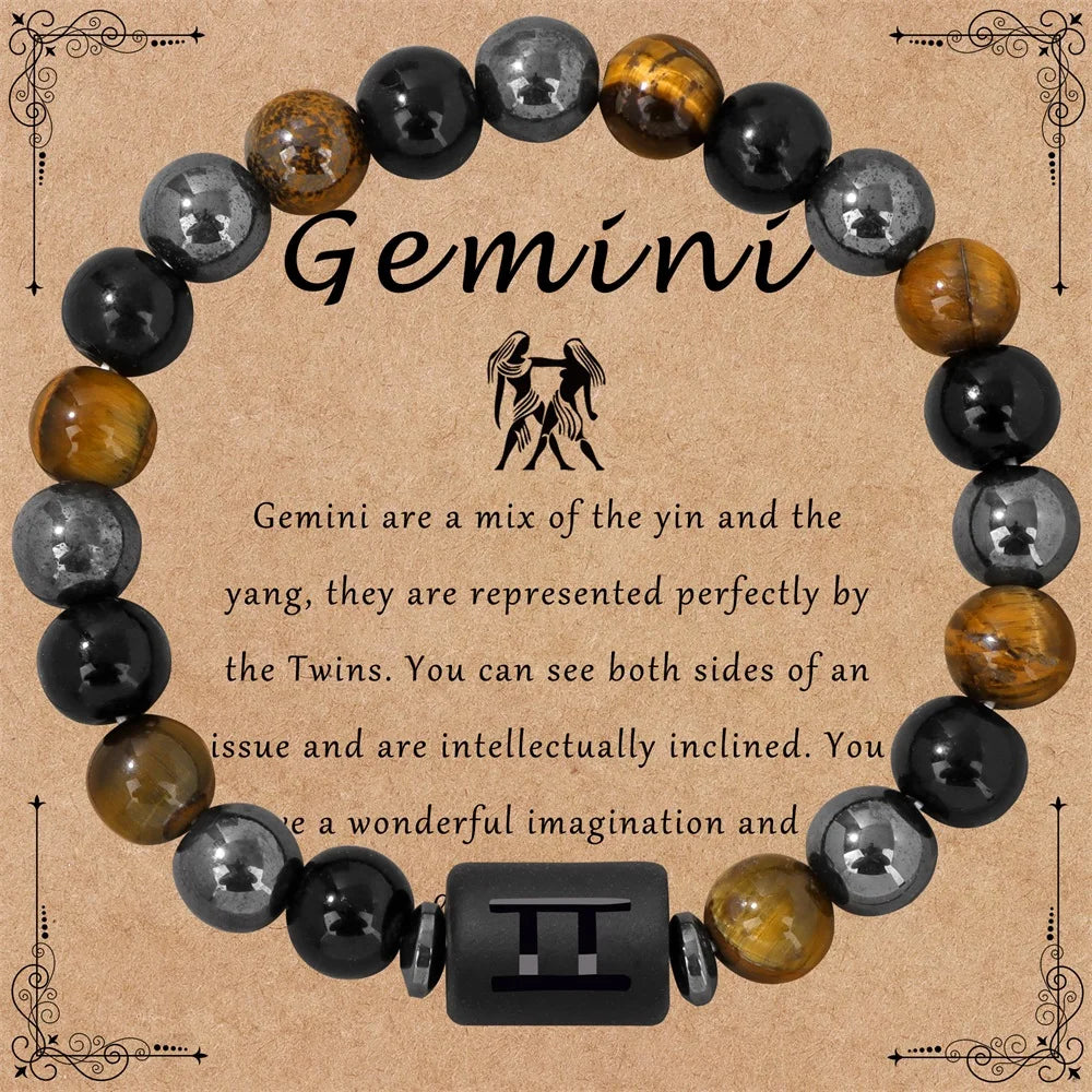 ✨ 12 Constellation Zodiac Sign Bracelet – Tiger Eye, Hematite & Obsidian Triple Protection Stone Beaded Bangle – Empowering Energy Jewelry Gift Gemini