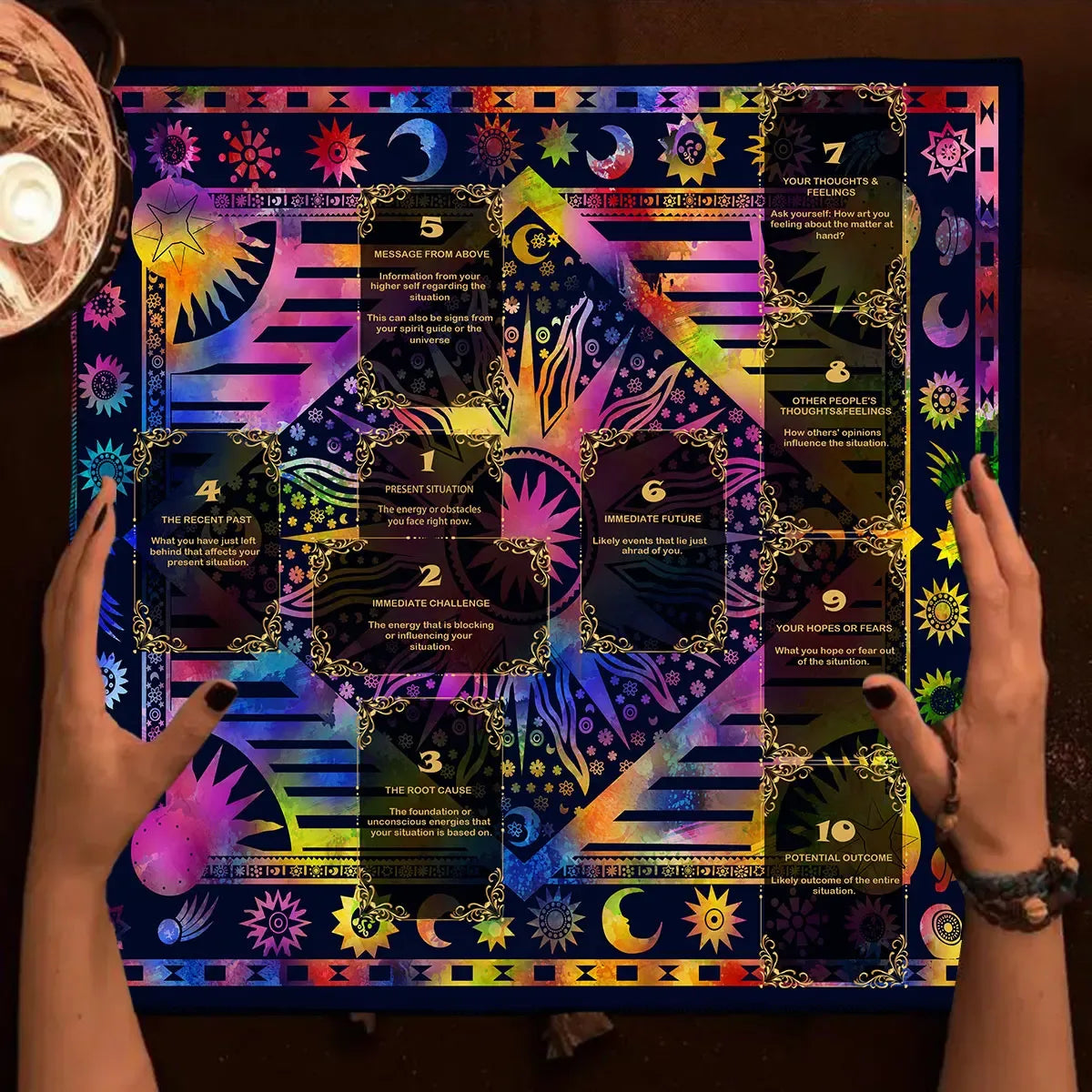 🔮Golden Celtic Cross Tarot Tablecloth – Elegant Polyester Altar Cloth Featuring Iconic Celtic Cross, Moon, Stars, and Floral Motifs HDS-2508241029