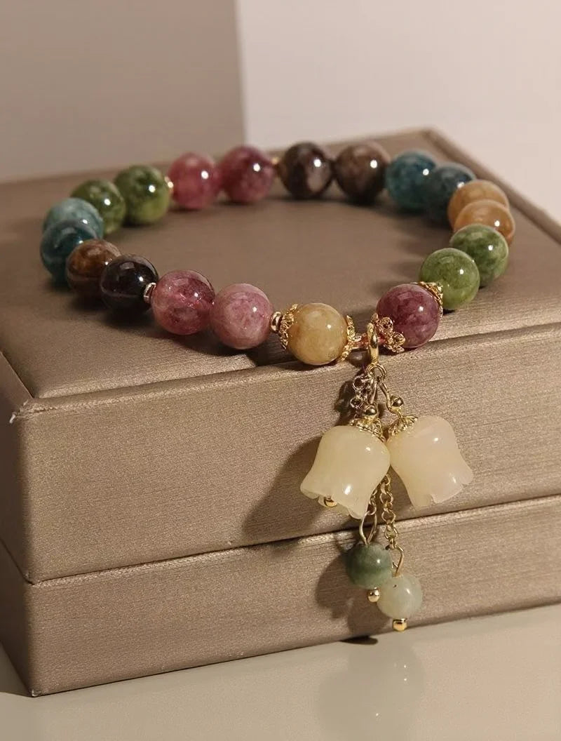 ✨ Tourmaline Crystal Bracelet – Light Luxury Orchid Pendant Beaded Jewelry for Women and Men – Perfect Gift for Elegance and Healing
