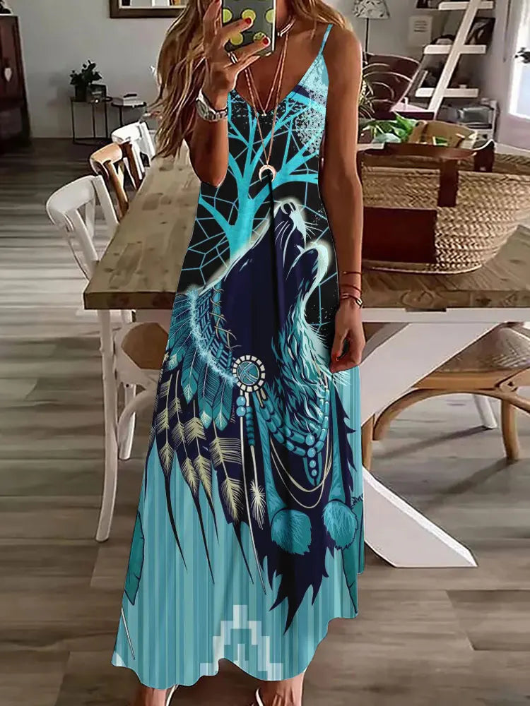 🛍️ 2024 New 3D Owl Vintage Print Sleeveless Vest Long Women’s Tribal Pattern Spaghetti Strap Dress – Summer Long Loose Vest Dresses BDQLTH248745519