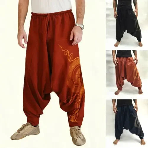 The Zenith Nomad Premium Men's Harem Yoga Pants - High-Definition Baggy Hippie Boho Style Aladdin Silhouette Trousers, Ultra-Breathable Mid-Waist Elastic Comfort Casual Urban-Gypsy Lounge Wear Apparel