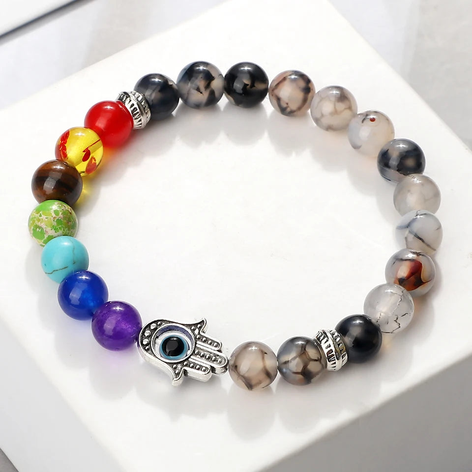 🧿 7 Chakra Protection Bracelet for Men: Natural Tiger Eye & Lava Stone with Evil Eye & Hamsa Hand – Anxiety Relief, Luck & Energy Healing Bangle