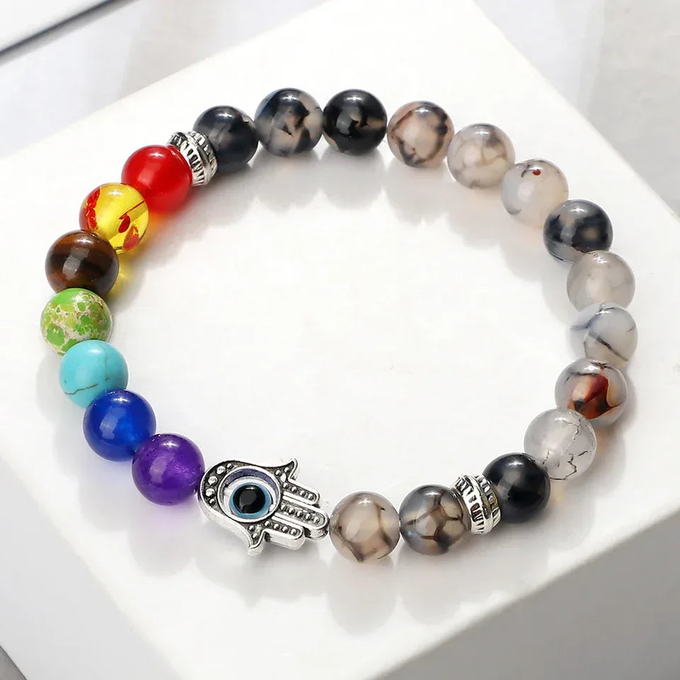 🧿 7 Chakra Protection Bracelet for Men: Natural Tiger Eye & Lava Stone with Evil Eye & Hamsa Hand – Anxiety Relief, Luck & Energy Healing Bangle
