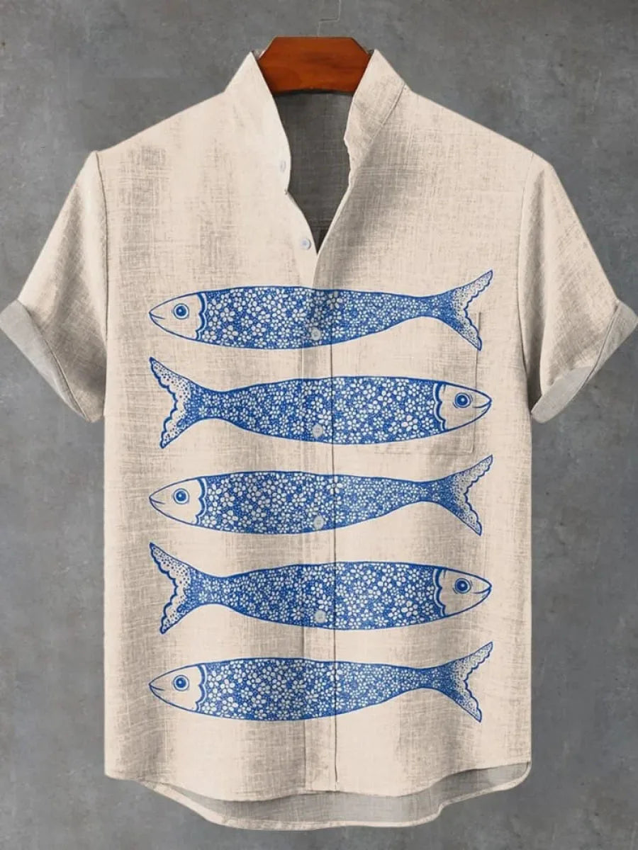 🐟 The Retro-Angler Mandarin Edition: Premium Men’s Stand-Up Collar Linen Shirt – High-Definition 3D Fish Pattern, Breathable Organic Cotton-Linen Blend, and Sophisticated Vintage Casual Silhouette ZD352