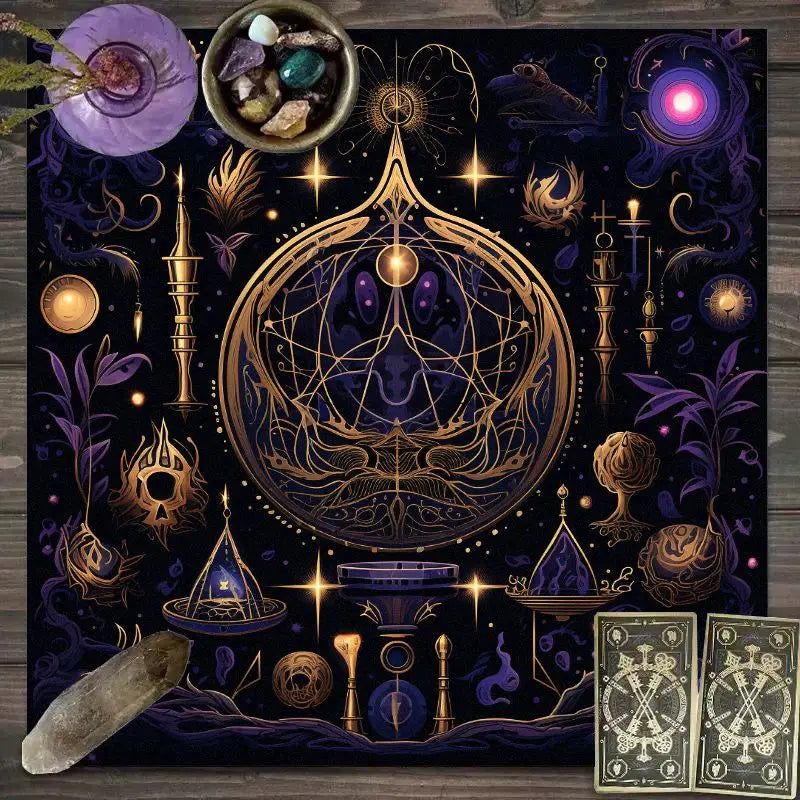 🃏 VIKAMA Astrological Energy Tablecloth – Black & Gold Planets Waterproof, Stain-Resistant Tarot Altar Cloth for Meditation, Divination & Mystic Home Decor YLB-680