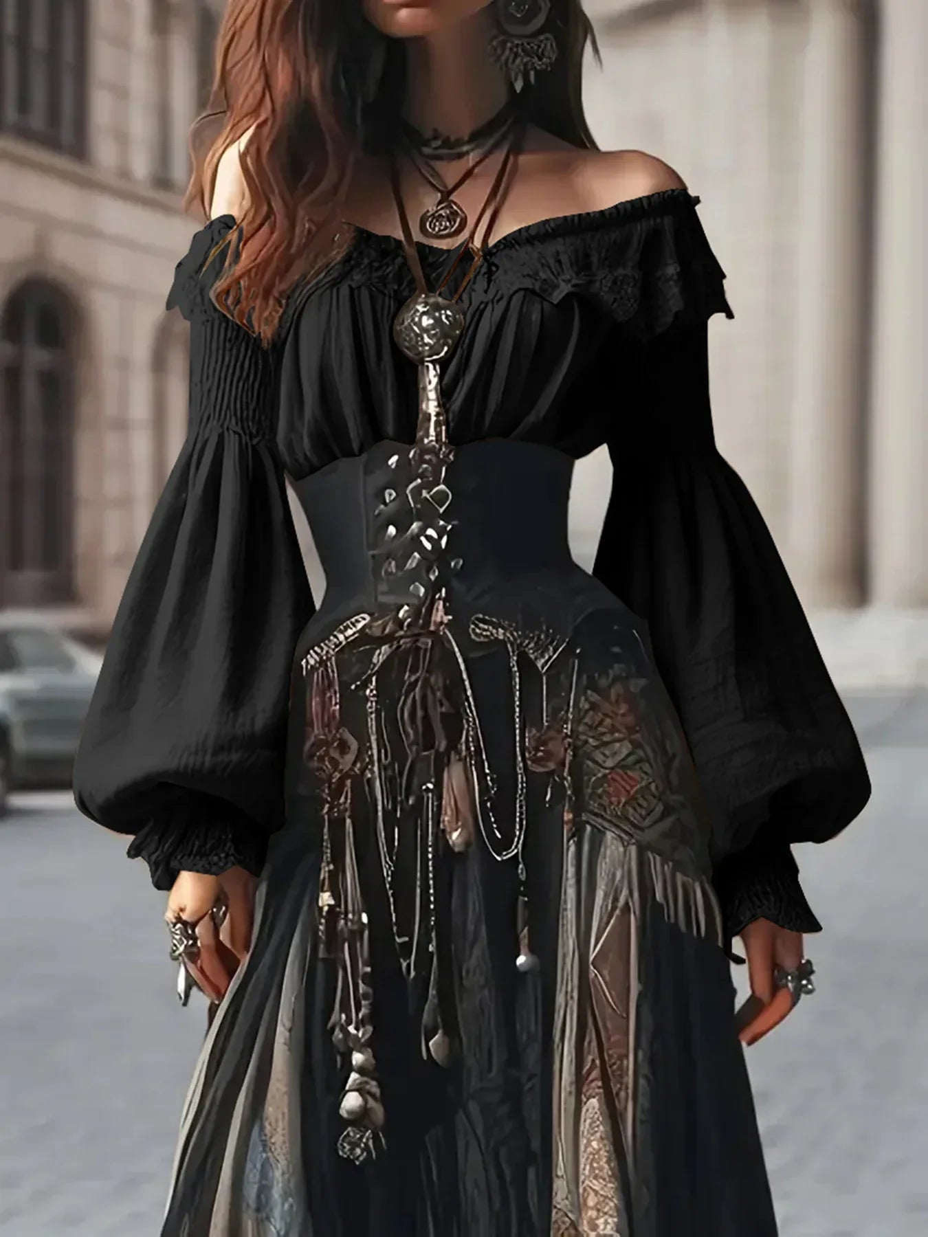 Women's Retro Elegant Blouse - Off Shoulder Long Sleeve with Lace Flowers and Lantern Sleeve Details Black