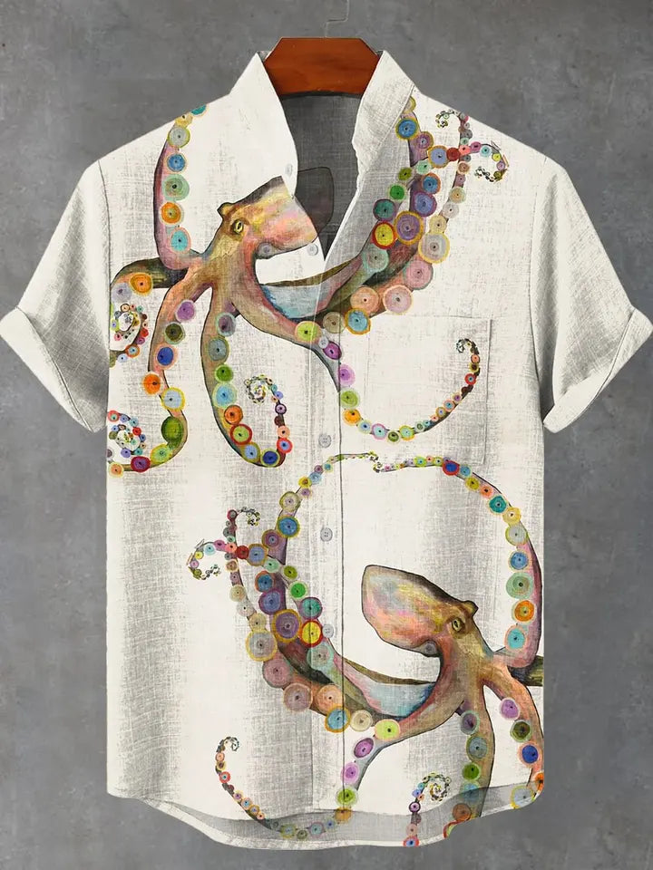 🐙 The Abyssal Kraken Art Edition: Premium Men’s Organic Linen Shirt – High-Definition Deep Sea Giant Octopus Print, Breathable Short-Sleeve Casual Button-Down, and Sophisticated Nautical Graphic Top