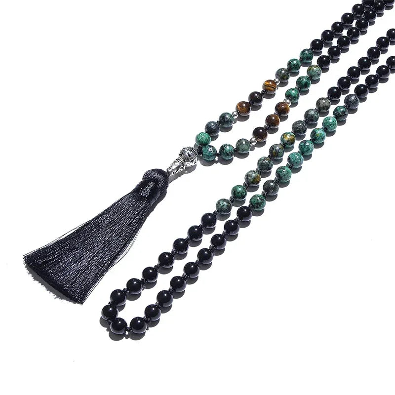🌿 The "Evolution" 108 Mala: African Turquoise, Tiger Eye & Onyx Knotted Meditation Necklace