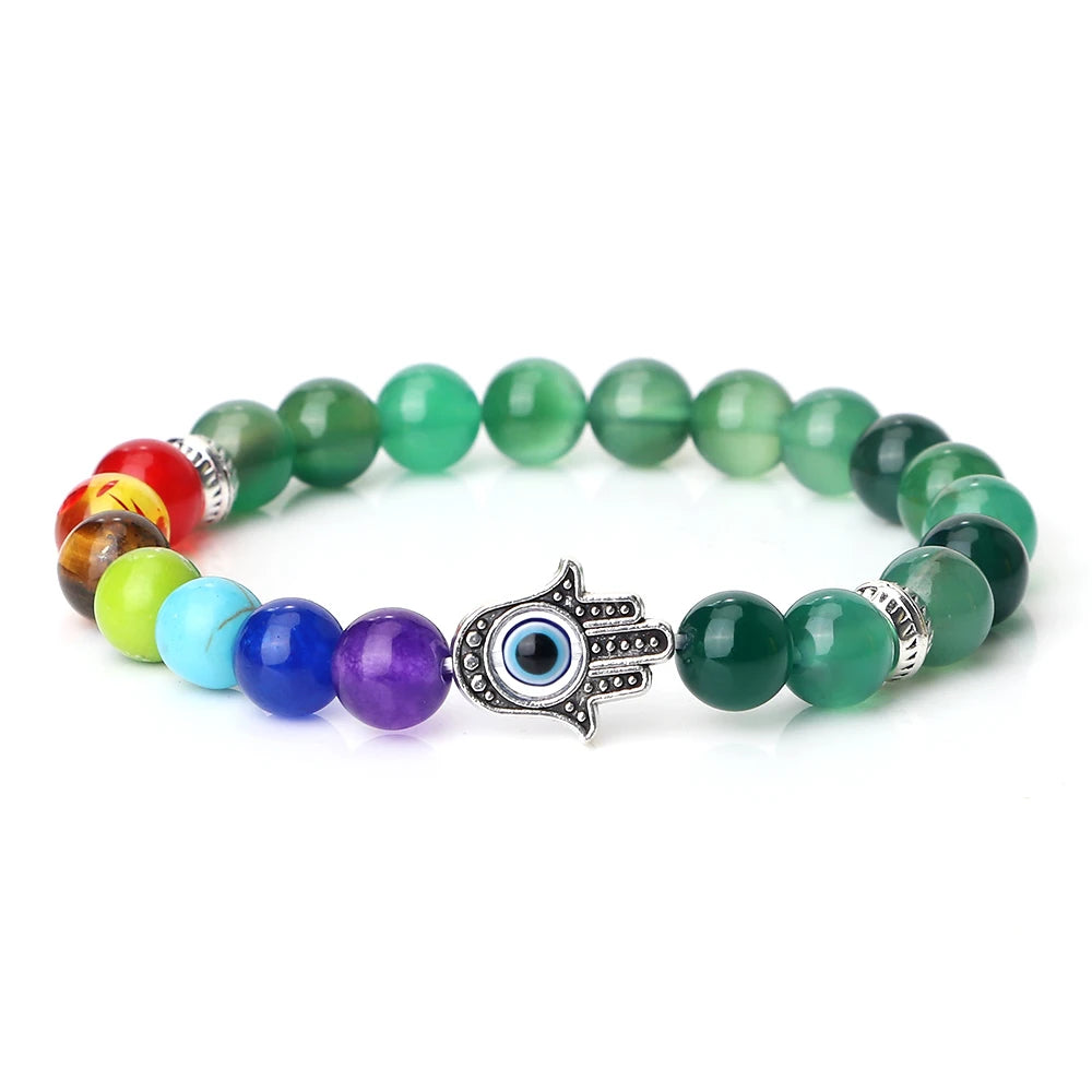 🧿 7 Chakra Protection Bracelet for Men: Natural Tiger Eye & Lava Stone with Evil Eye & Hamsa Hand – Anxiety Relief, Luck & Energy Healing Bangle Green Agate