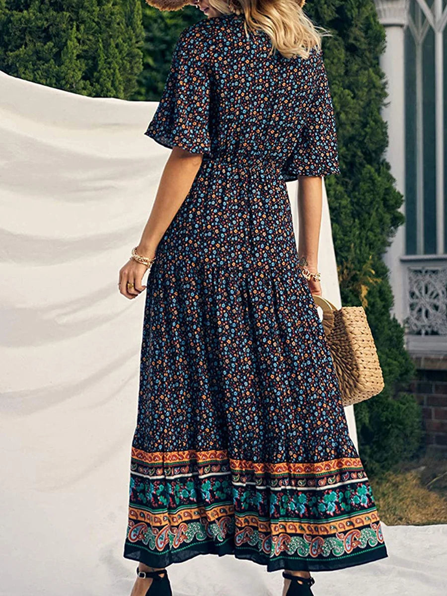 🌟 Fashion Summer Dress For Women Boho Print Design Short Sleeve V Neck Female Long Beach Dress﻿