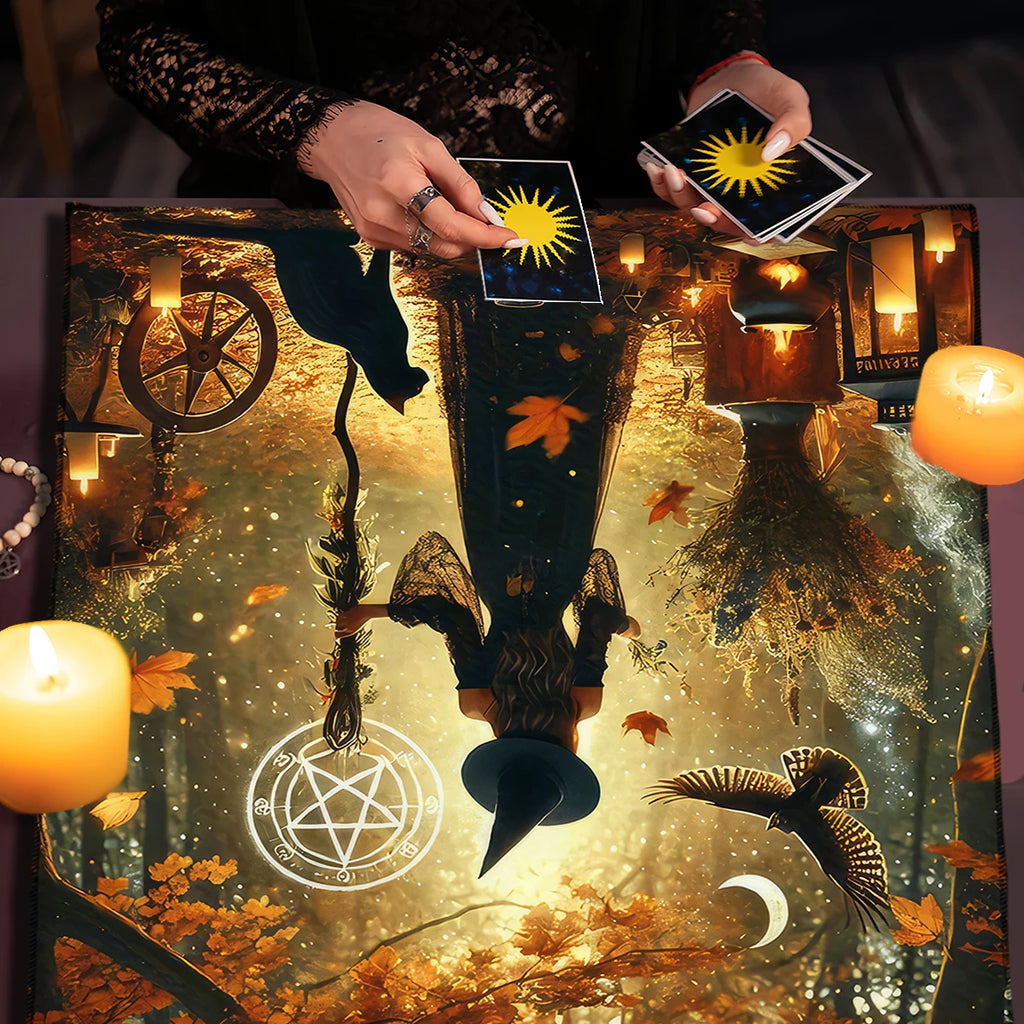 🃏 Witch Autumn Black Cat Tarot Tablecloth – Pentagram Altar Cloth for Divination, Halloween & Witchy Celebration Decor