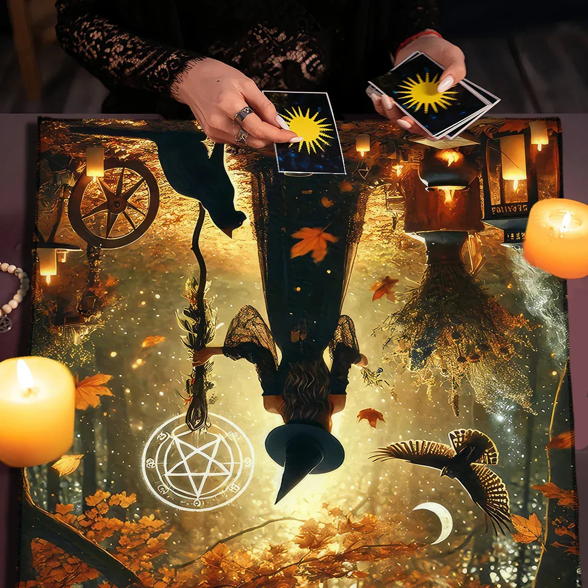 🃏 Witch Autumn Black Cat Tarot Tablecloth – Pentagram Altar Cloth for Divination, Halloween & Witchy Celebration Decor