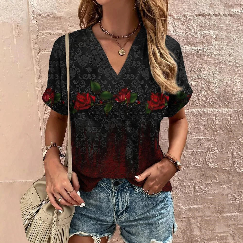 👚 Retro Women’s T-Shirt – Floral Print, Short Sleeve, V-Neck Harajuku Style Casual Blouse