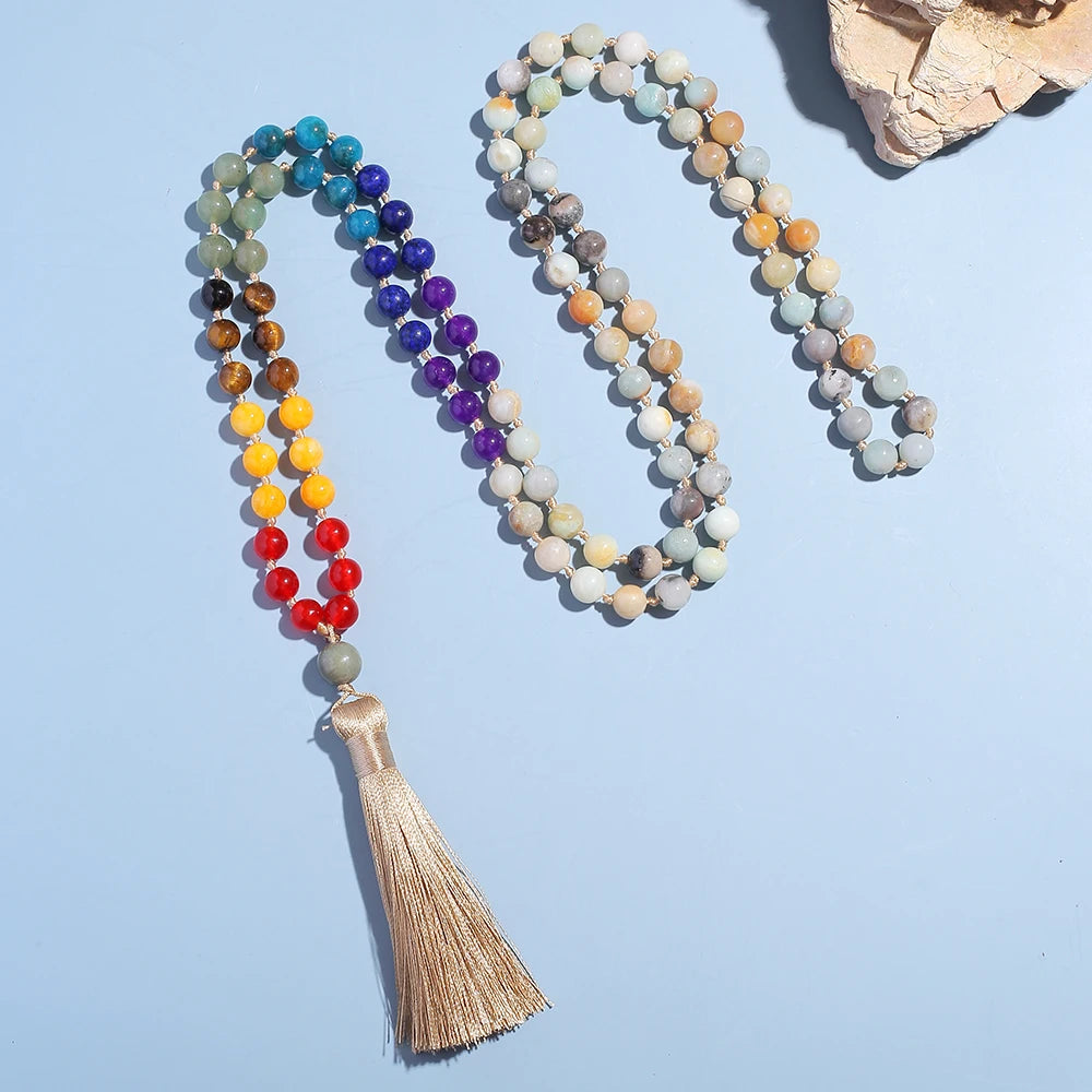 🌊 108 Bead Amazonite Mala Necklace: 8mm Knotted Prayer Beads with 7 Chakra Stones – "Stone of Hope" for Calming, Throat Chakra & Meditation