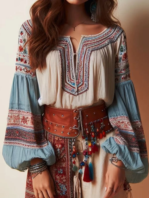 2025 Boho Blouse with Lantern Sleeves – Floral Drawstring Lace-Up O-Neck Ethnic Women's Tops for Spring & Autumn