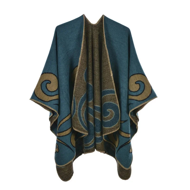 Winter Fashion Poncho Women Capes Scarf Imitation Cashmere Ladies Scarves Warm Shawls Wraps Woman Ponchos Bufanda Mujer Foulard One Size 1cloud-lake blue