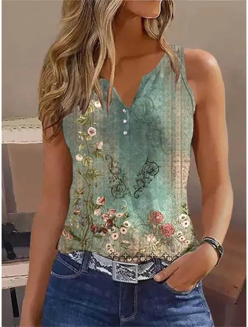 👚 Women’s Casual Small Vest T-Shirt with Suspenders – Fashionable V-Neck Painted Grace Tank Top for Summer