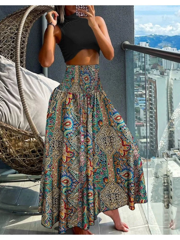 🌟 Women Fashion Floral Print Folds Bohemian Elastic High Waist Skirt Ladies Knee-Length Long Skirts GRAY