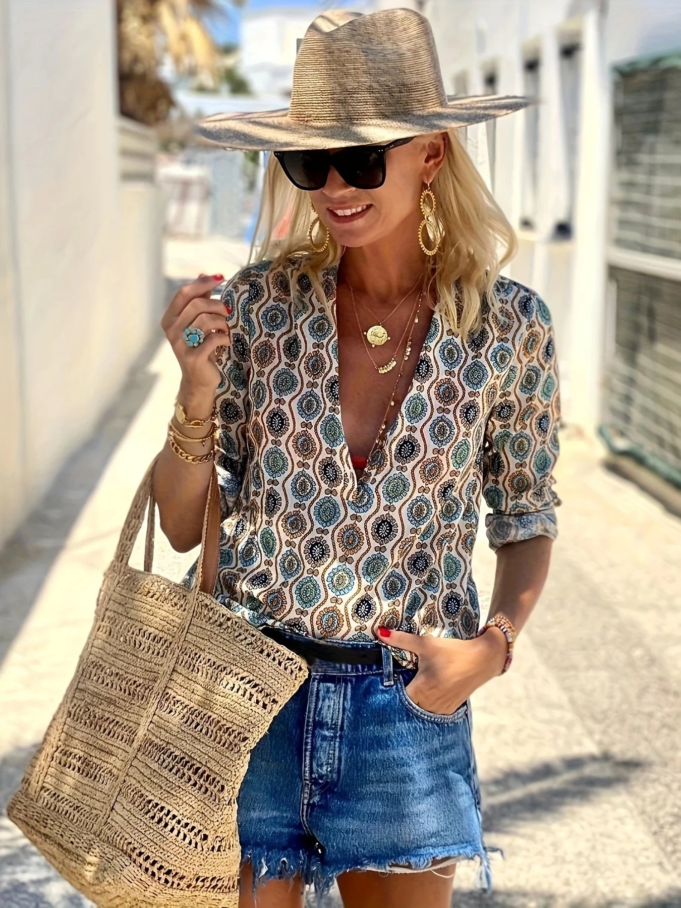 Boho Graphic Print Blouse, V Neck Long Sleeve Blouse, Women's Long Sleeve Cowl Neck Form Fitting Casual Tunic Top Blouse green