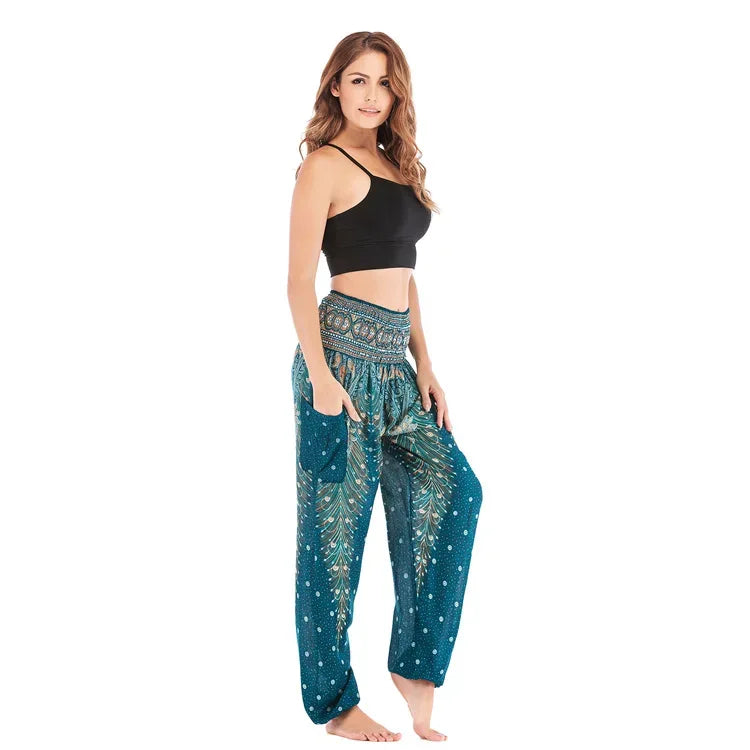 Women's Boho Yoga Pants - High Waist Floral Print Harem Leggings with Pockets for Comfort and Style