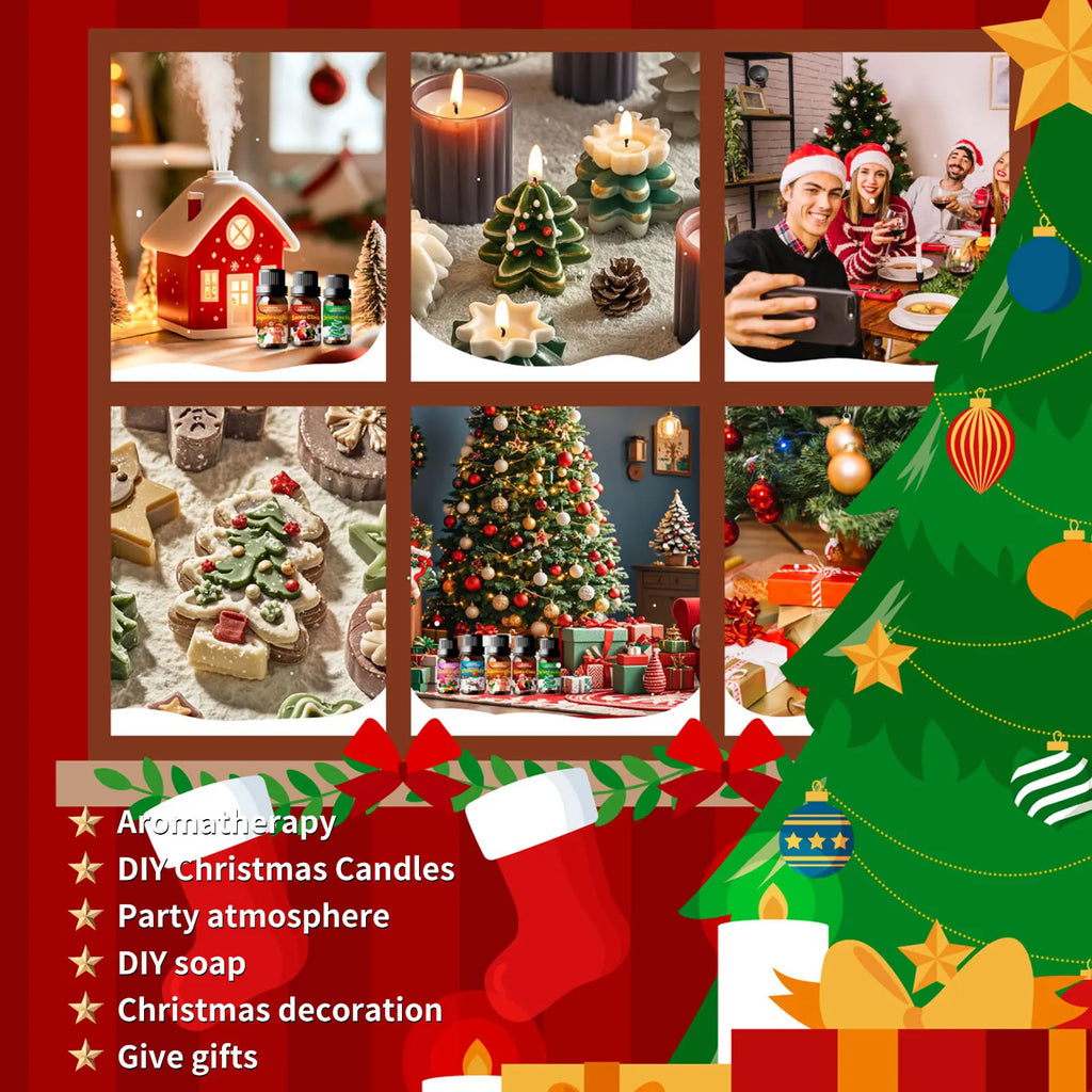 🎄 6PC/1PC 10ML Merry Christmas Essential Oils – Natural Fragrance Oil Gift Set for Christmas Candles, DIY Crafts, Humidifiers﻿