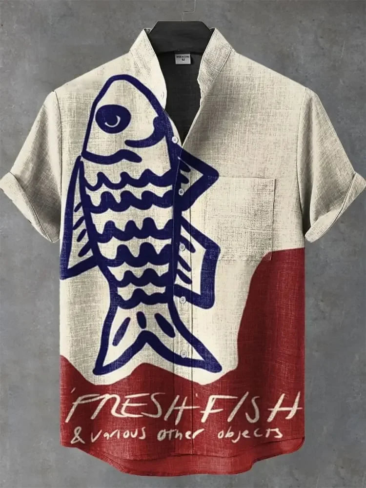 ✨ The Sovereign Zen-Fish Heritage: Premium Men's Cotton-Linen Blend Casual Shirt – Retro 3D Artistic Print, Breathable Short-Sleeve Button-Up (Ropa Casual Para Hombre) with Vintage Tailored Fit SFQQQD836