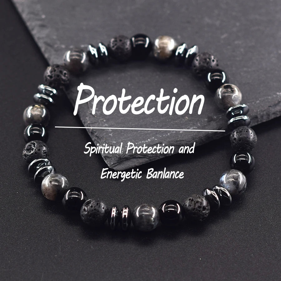 ✨ Classic Black Natural Labradorite & Volcanic Stone Beads Bracelet – Unisex Spiritual Protection and Energetic Balance Jewelry