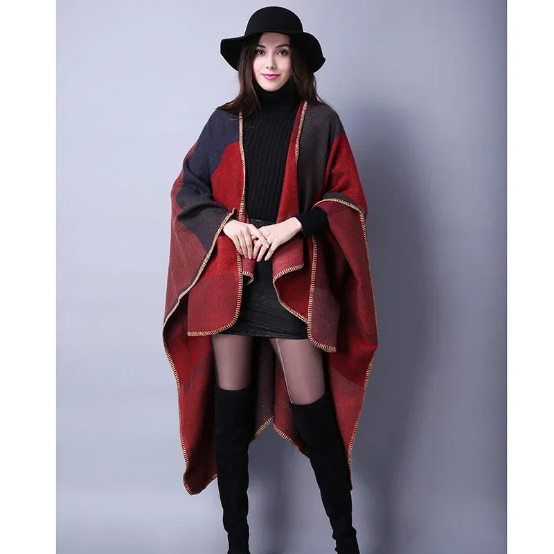 Winter Fashion Poncho Women Capes Scarf Imitation Cashmere Ladies Scarves Warm Shawls Wraps Woman Ponchos Bufanda Mujer Foulard One Size 2-red