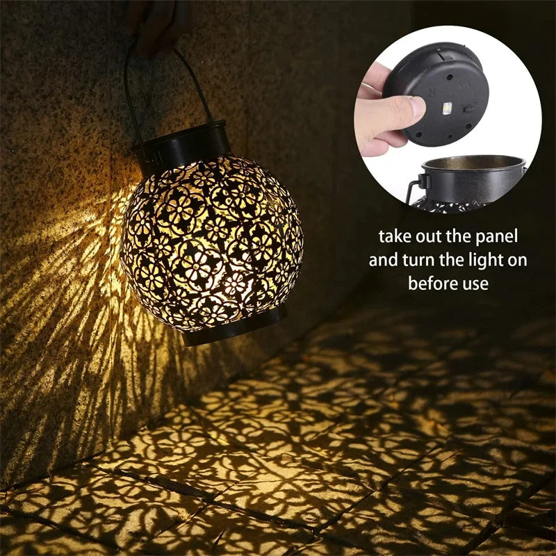 Solar LED Lantern with Hollow Wrought Iron Design – Waterproof Outdoor Hanging Projection Lamp for Garden and Yard Decor