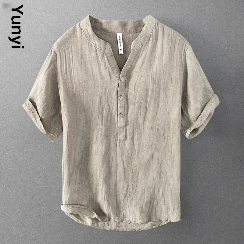 🌿 The Zen-Essential Pure Linen Top: Premium Men’s 100% Organic Linen V-Neck Shirt – Loose Fit Vintage Silhouette, Breathable Half-Sleeve Design, and Ultra-Lightweight Summer Casual Tee