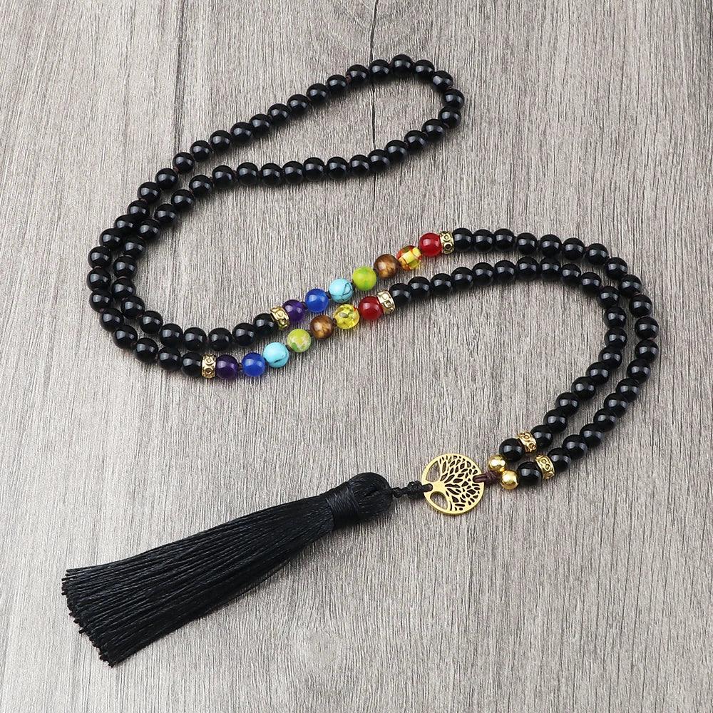 🐯 Tiger Eye & Black Onyx 108 Mala Necklace with Tree of Life Pendant – 7 Chakra Healing Crystal Beads & Protection Rosary Jewelry for Men & Women