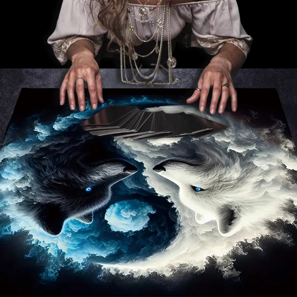 🃏Tai Chi Double Wolf Tarot Tablecloth – Yin Yang Wolf Divination Altar Cloth for Tarot Spreads, Card Games & Mystic Reading Setups