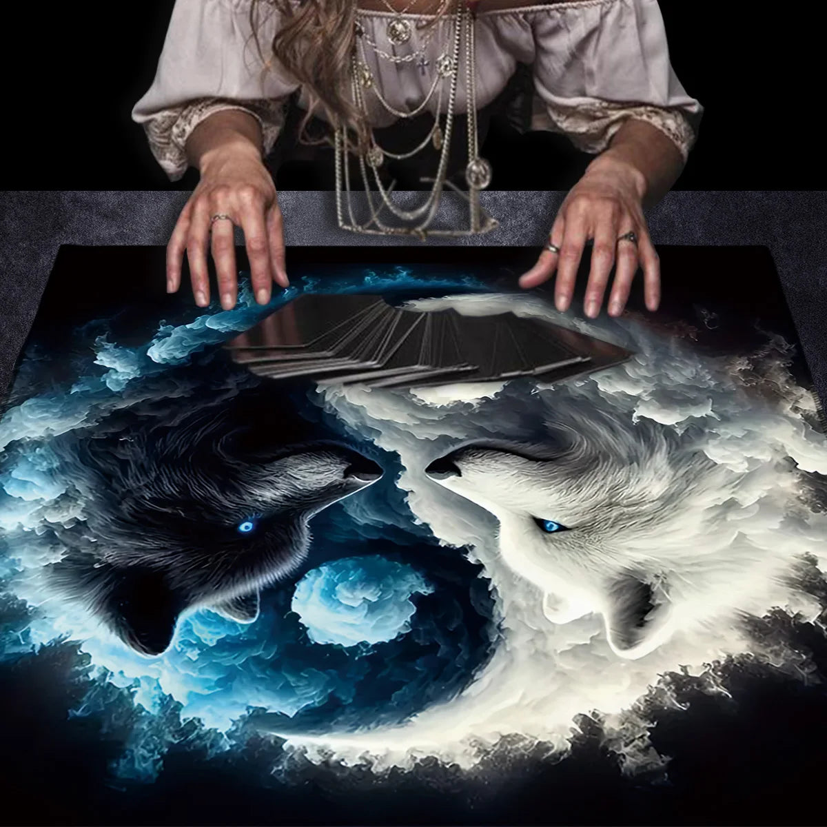 🃏Tai Chi Double Wolf Tarot Tablecloth – Yin Yang Wolf Divination Altar Cloth for Tarot Spreads, Card Games & Mystic Reading Setups