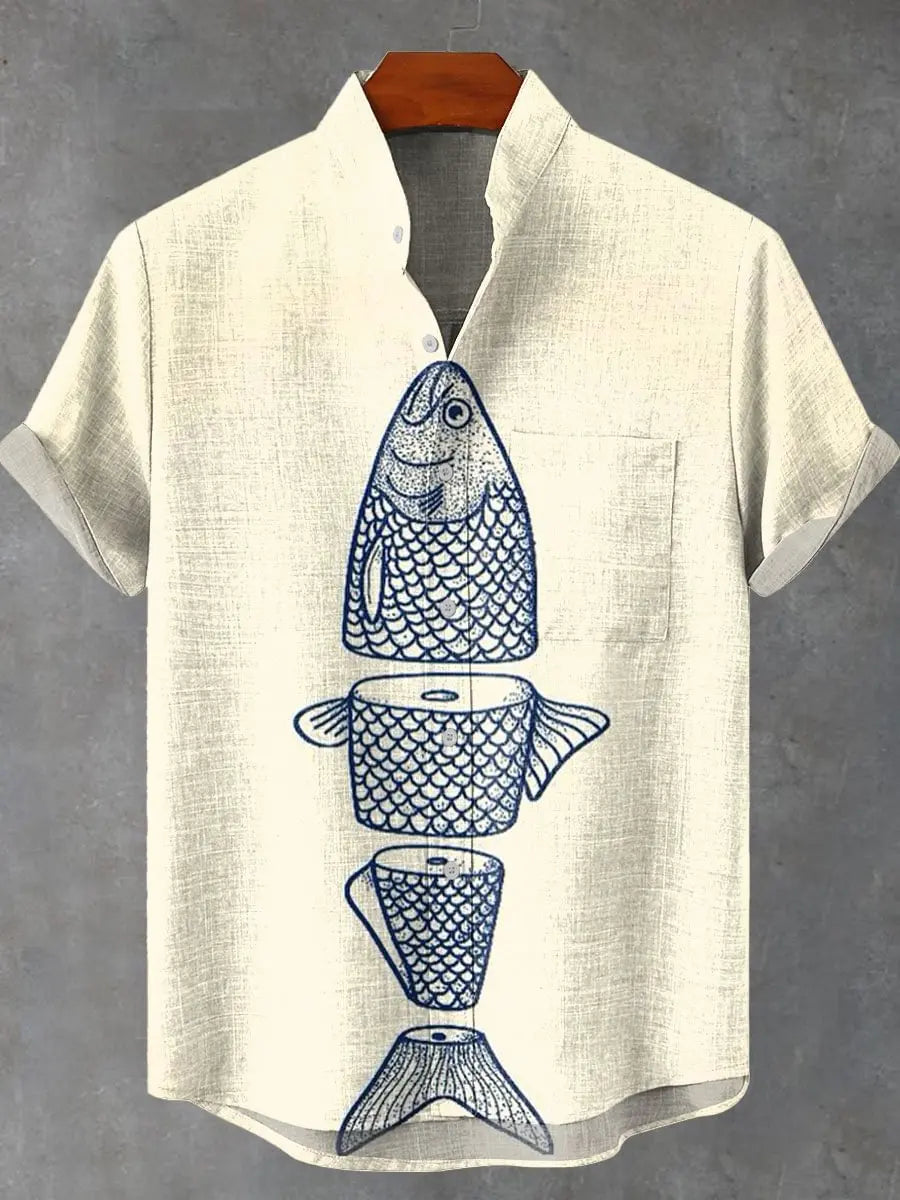 🌊The Vintage Angler’s Heritage: Premium Men’s Cotton-Linen Casual Shirt – Retro 3D Fish Pattern, Breathable Short-Sleeve Utility Top (Camisas De Hombre), and Sophisticated Coastal Silhouette SFQQQD1044