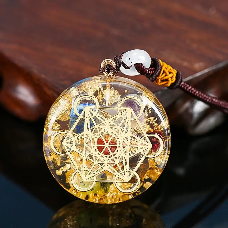 ⚛️ 7 Chakra Orgone Pendant: Metatron's Cube Sacred Geometry Necklace – EMF Protection & Reiki Healing Crystals with Gold Foil