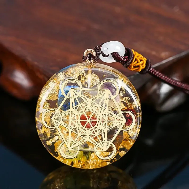 ⚛️ 7 Chakra Orgone Pendant: Metatron's Cube Sacred Geometry Necklace – EMF Protection & Reiki Healing Crystals with Gold Foil